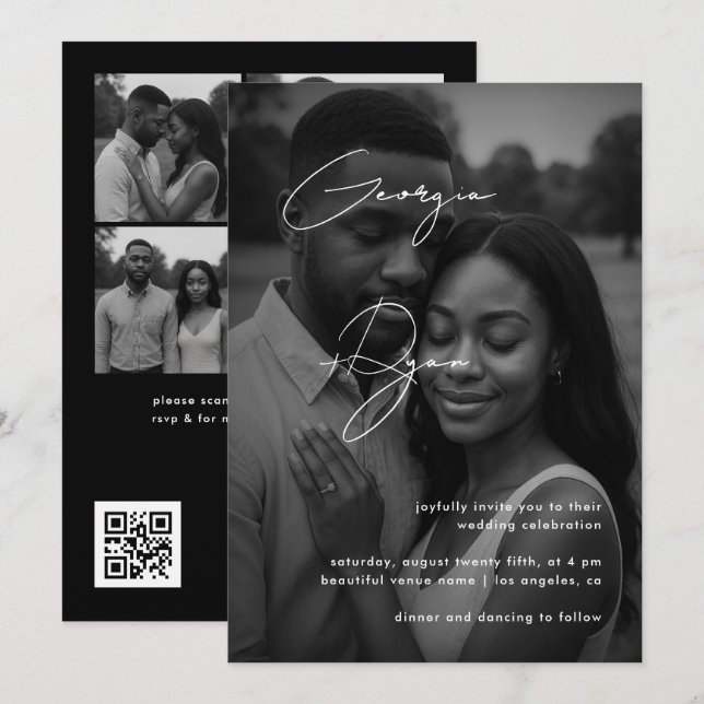 Invitation Mariage avec code QR de photo délavée sombre et éc (Devant / Derrière)