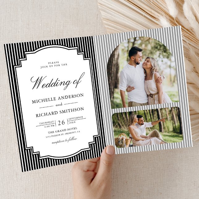 Invitation Mariage avec code QR de photo rayée noir et blanc (Créateur téléchargé)