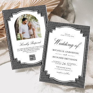 Invitation Mariage avec code QR de photo rayée noir et blanc