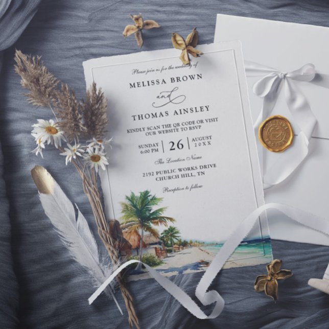 Invitation Mariage avec code QR de plage Cancun Mexique aquar (Créateur téléchargé)