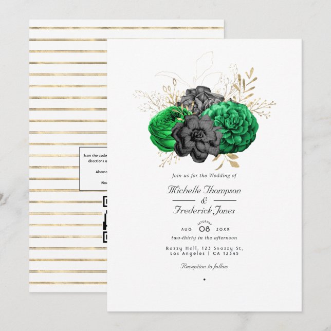 Invitation Mariage avec code QR de réponse Fleuris Émeraude f (Devant / Derrière)
