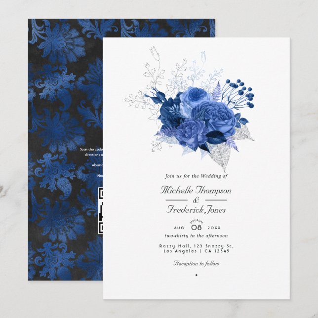 Invitation Mariage avec code QR de réponse florale bleu royal (Devant / Derrière)
