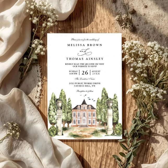 Invitation Mariage avec code QR du manoir anglais à l'aquarel (Créateur téléchargé)