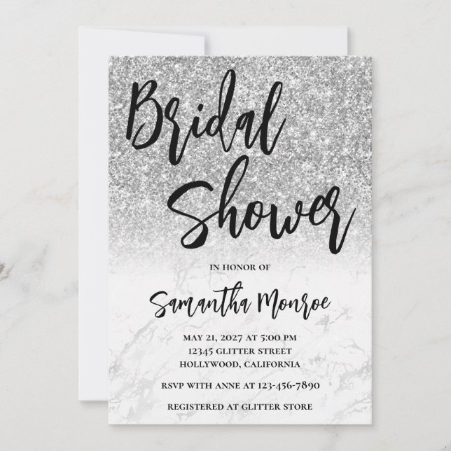 Invitation Mariage avec code QR en Glitter Argent et Marbre (Devant)