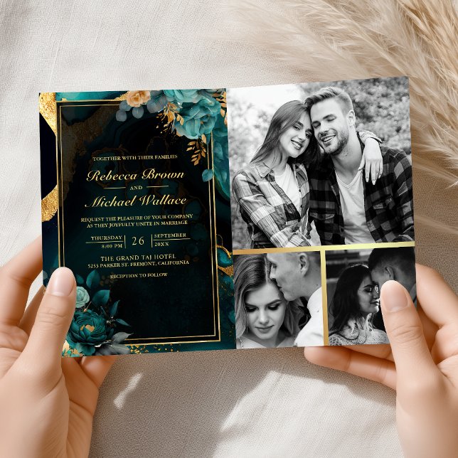 Invitation Mariage avec code QR en marbre floral or sarcelle  (Créateur téléchargé)