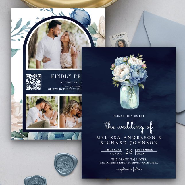 Invitation Mariage avec code QR en pot Mason de pivoine bleu  (Créateur téléchargé)