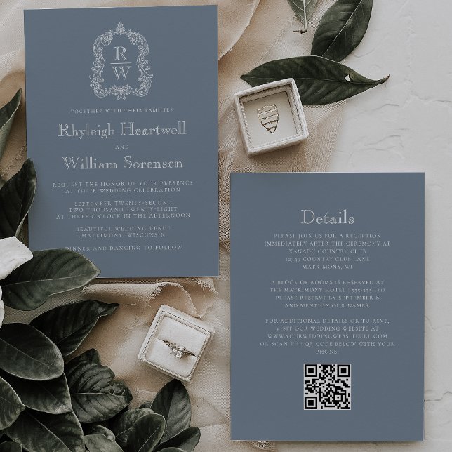 Invitation Mariage avec code QR et blason monogramme bleu pou (Créateur téléchargé)