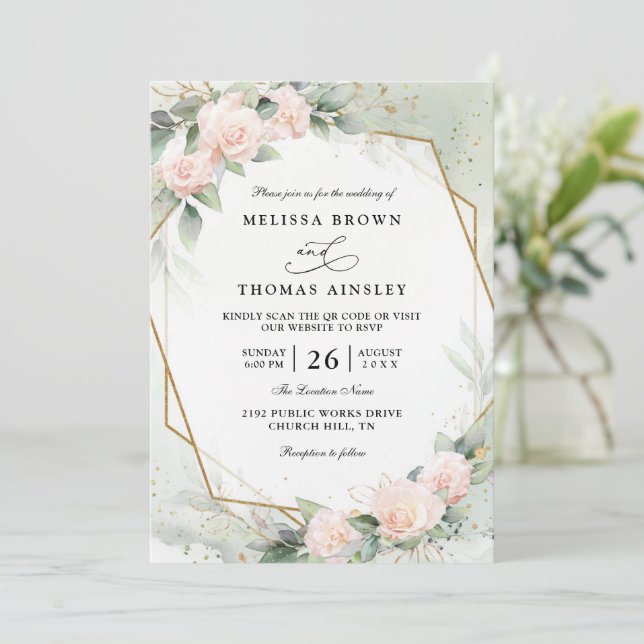 Invitation Mariage avec Code QR Fleurs de Greenery Rose Pâle  (Debout devant)