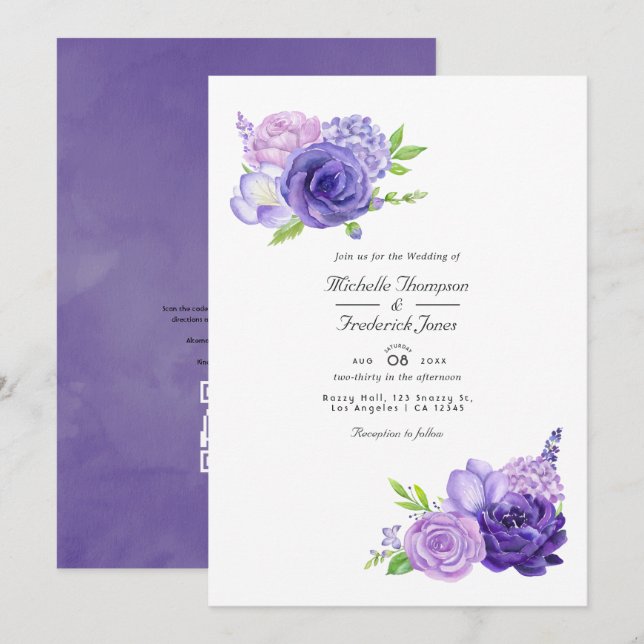 Invitation Mariage avec code QR floral aquarelle ultra violet (Devant / Derrière)