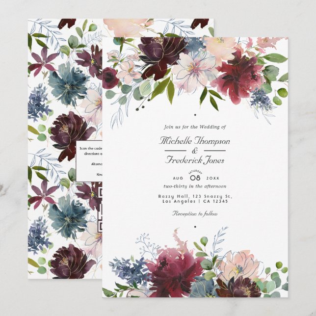 Invitation Mariage avec code QR floral bordeaux, marine et ro (Devant / Derrière)