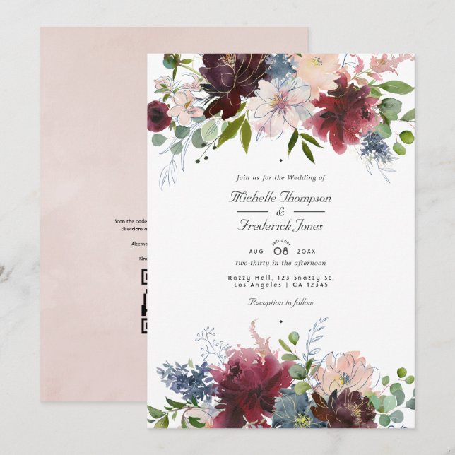 Invitation Mariage avec code QR floral bordeaux, marine et ro (Devant / Derrière)