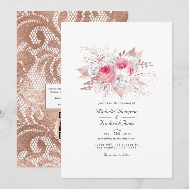 Invitation Mariage avec code QR floral et dentelle rose et or (Devant / Derrière)