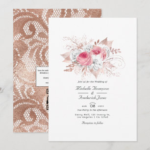 Invitation Mariage avec code QR floral et dentelle rose et or