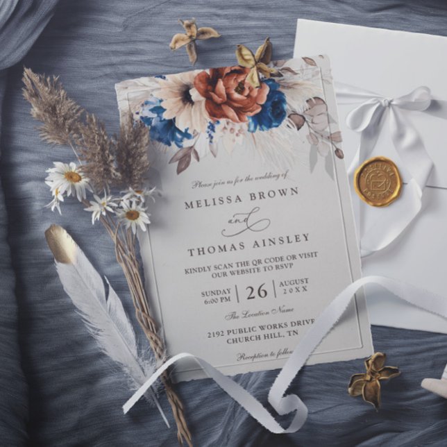 Invitation Mariage avec Code QR Herbe de Pampas Bleu Marine T (Créateur téléchargé)