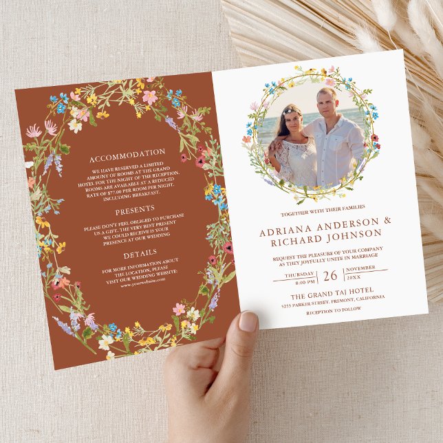 Invitation Mariage avec code QR photo de fleurs sauvages en t (Créateur téléchargé)