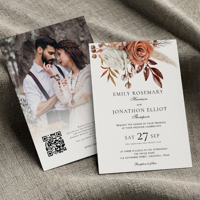 Invitation Mariage avec code QR photo et fleurs en terre cuit (front and back view)