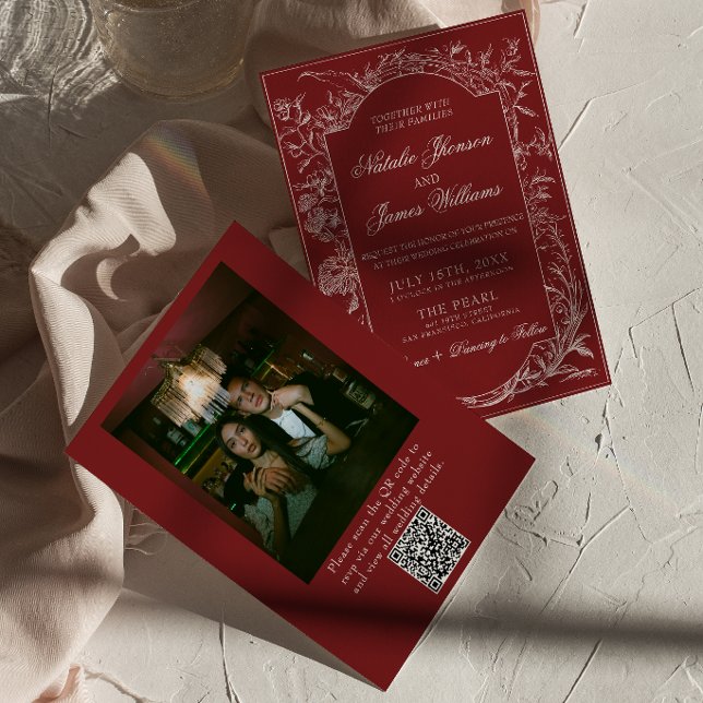Invitation Mariage avec code QR photo floral bordeaux élégant (Créateur téléchargé)
