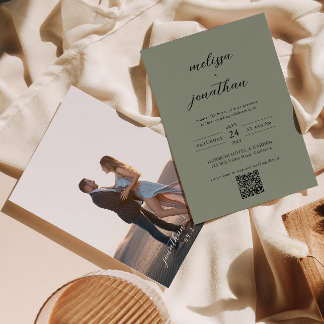 Invitation Mariage avec code QR photo noir et vert sauge mat (Créateur téléchargé)