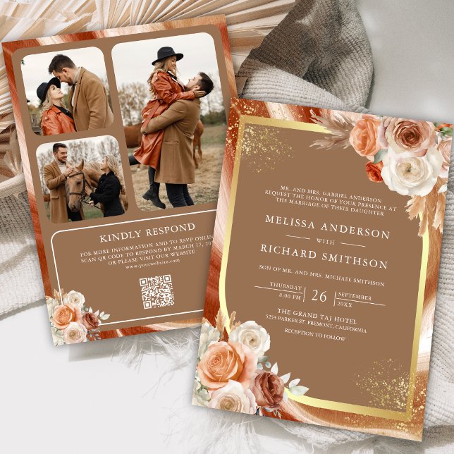 Invitation Mariage avec code QR photo or beige floral terraco (Créateur téléchargé)