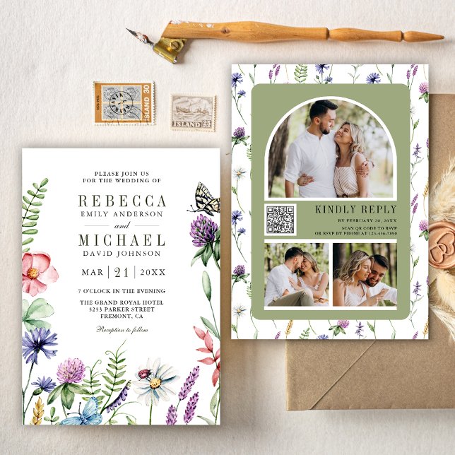 Invitation Mariage avec code QR pour collage photo de fleurs  (Créateur téléchargé)