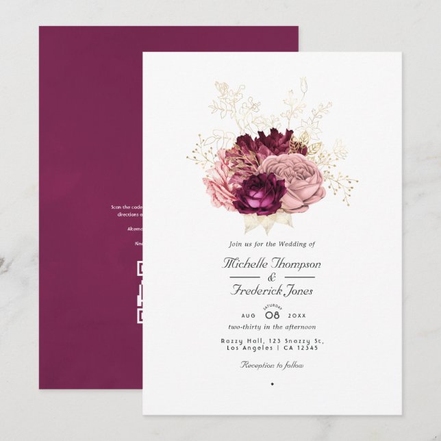 Invitation Mariage avec code QR RSVP Rose et Or Burgundy Blus (Devant / Derrière)