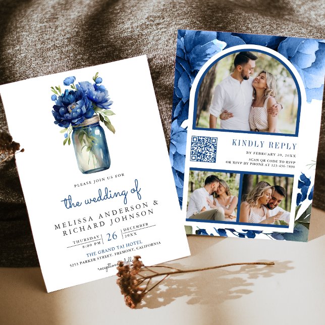 Invitation Mariage avec code QR sur pot Mason floral bleu roy (Créateur téléchargé)