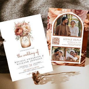Invitation Mariage avec code QR sur un pot Mason floral en te