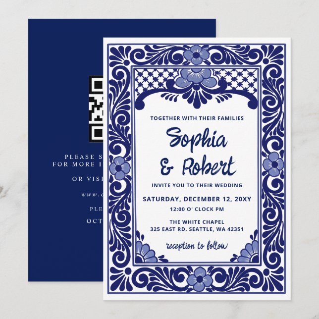 Invitation Mariage avec code QR Talavera bleu mexicain (Devant / Derrière)