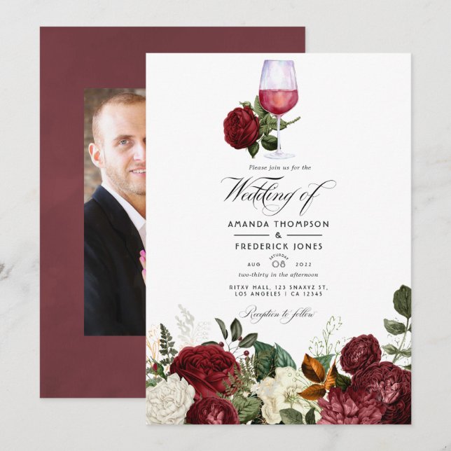 Invitation Mariage avec dégustation de vin floral de Bourgogn (Devant / Derrière)
