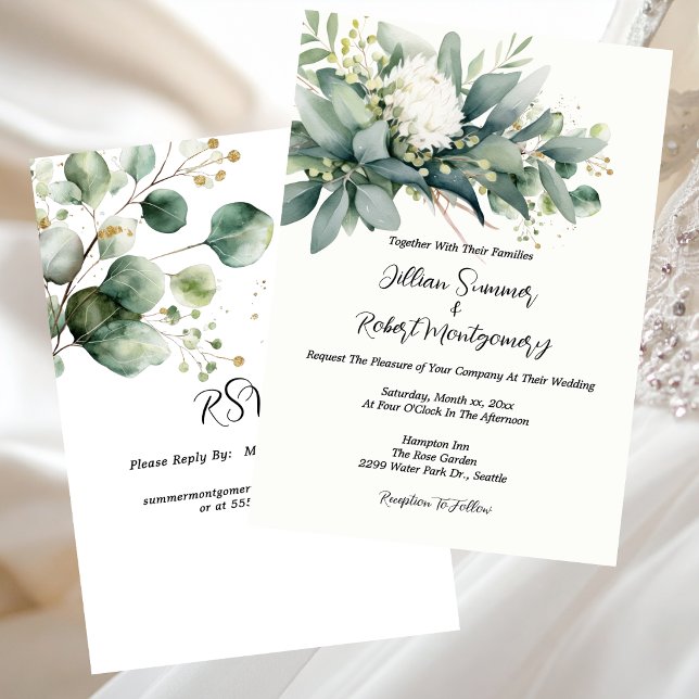 Invitation Mariage avec des accents dorés et de la verdure fl (Soft Floral Greenery Gold Accent Wedding Invitation)