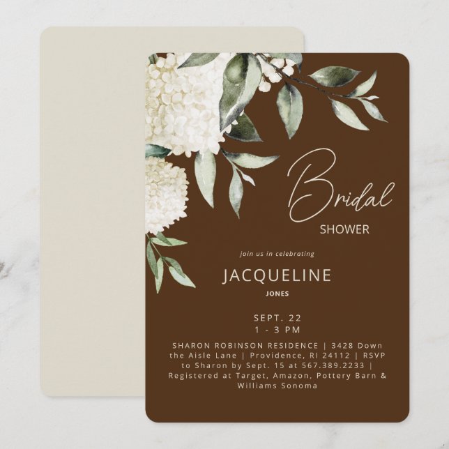 Invitation Mariage avec des Hydrangeas Marron et Crème Blanch (Devant / Derrière)