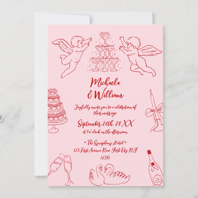 Invitation Mariage avec Dessins au Trait et Écriture Manuscri (Devant)