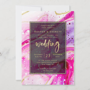 Invitation Mariage avec éclaboussure d'encre rose marbrée et