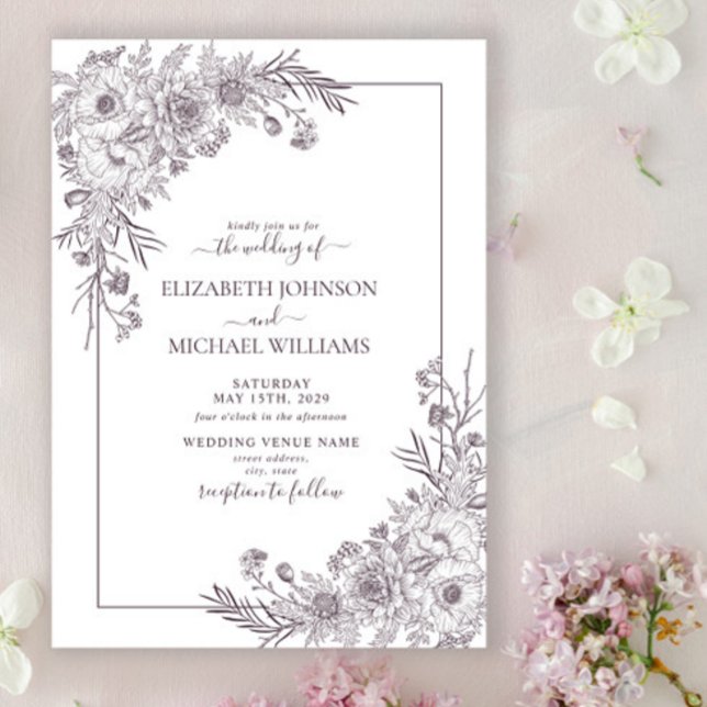 Invitation Mariage avec écriture artistique de ligne florale  (Créateur téléchargé)