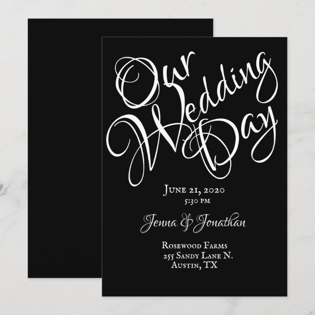 Invitation Mariage avec écriture jolie noir et blanc (Devant / Derrière)