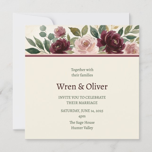 Invitation Mariage avec en-tête Rose Bourgogne (Devant)