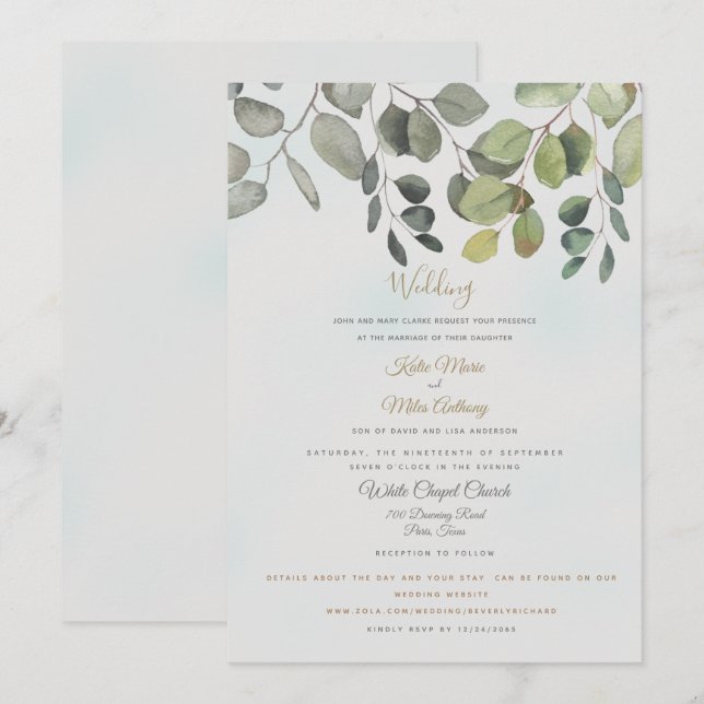 Invitation Mariage avec feuillage de turquoise poussiéreuse,  (Devant / Derrière)