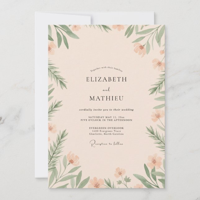 Invitation Mariage avec feuillage d'eucalyptus champagne (Devant)