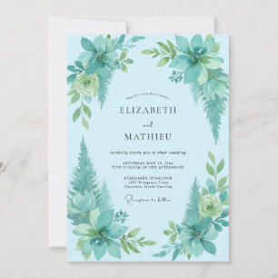 Invitation Mariage avec feuillage peint aqua