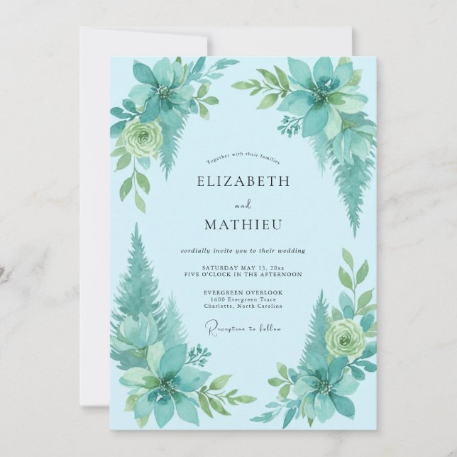 Invitation Mariage avec feuillage peint aqua (Devant)