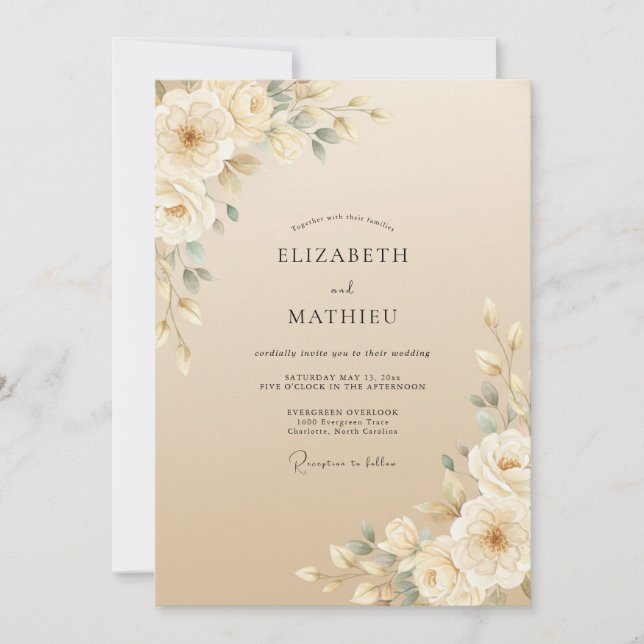 Invitation Mariage avec feuillage peint champagne (Devant)