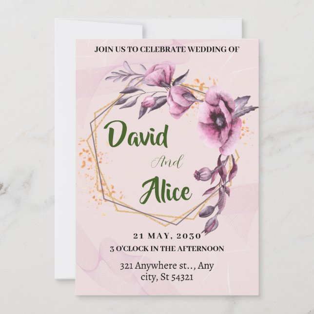 Invitation Mariage avec fleurs d'aquarelle rose, cadre or (Devant)