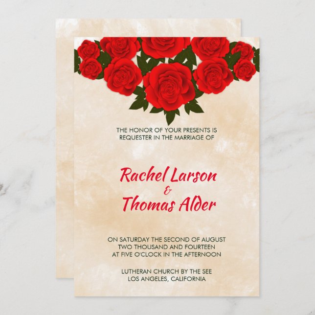 Invitation Mariage avec fond beige et roses rouges (Devant / Derrière)