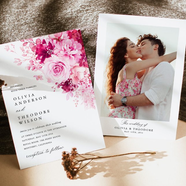 Invitation Mariage avec fond de photo florale rose chaud (Hot Pink Floral Photo Back Wedding Invitation, Fuchsia Rose Wedding Suite, Romantic Garden Wedding)
