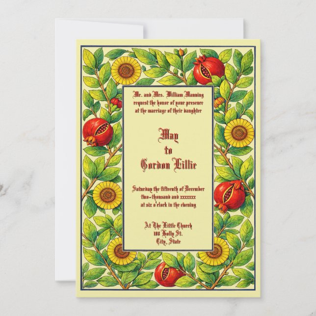 Invitation Mariage avec Grenade Fruit et Bordure Florale (Devant)