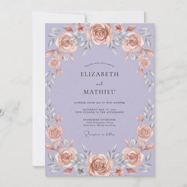 Invitation Mariage avec guirlande de Champagne Mauve (Devant)