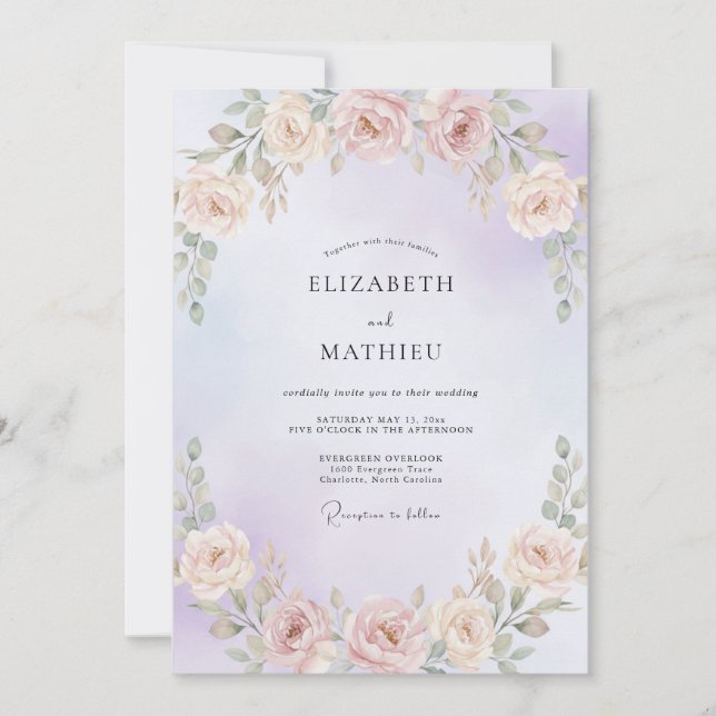 Invitation Mariage avec Guirlande de Pêche Pervenche (Devant)