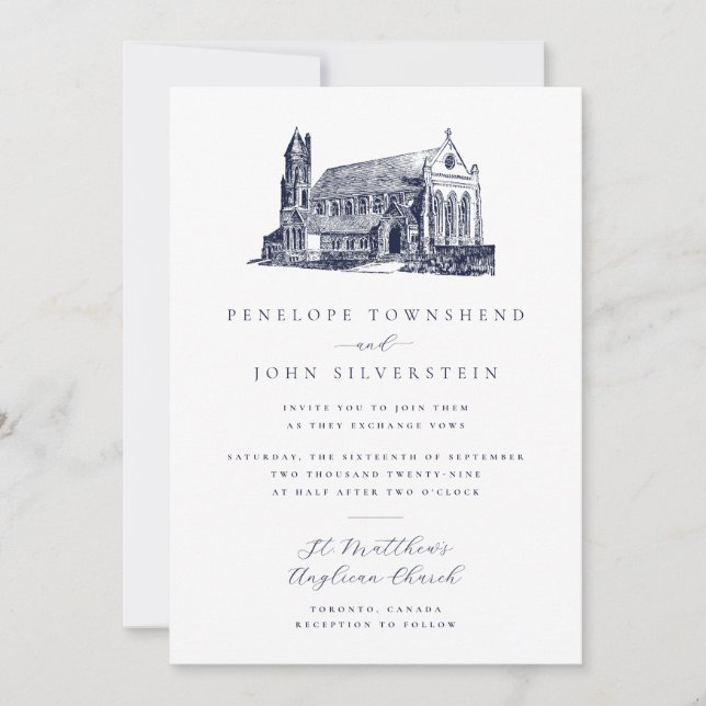Invitation Mariage avec Illustration de Église Classique Vint (Devant)
