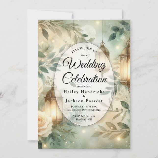 Invitation Mariage avec Lanterne Rose d'Ivoire et Vert Sauge (Devant)