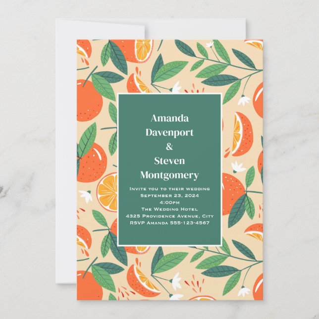Invitation Mariage avec motif rétro de fruit d'agrumes Orange (Devant)
